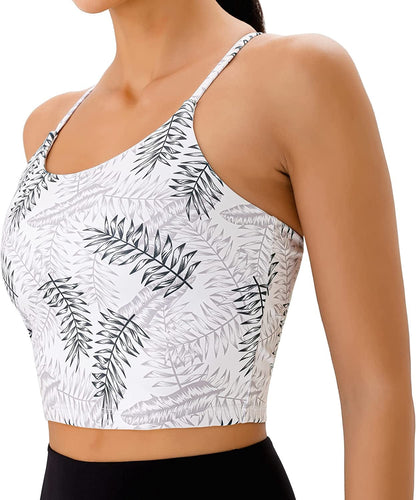 PERSIT Sports Bras Women Low Impact Removable Padded Workout Tops Longline Criss-Cross Back Crop Tank Top Silver Fern / Small