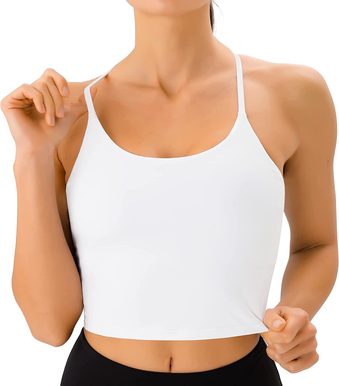 PERSIT Sports Bras Women Low Impact Removable Padded Workout Tops Longline Criss-Cross Back Crop Tank Top White / Small