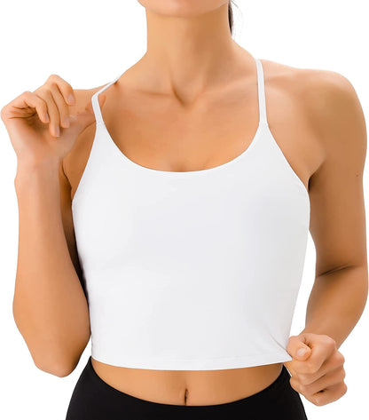 PERSIT Sports Bras Women Low Impact Removable Padded Workout Tops Longline Criss-Cross Back Crop Tank Top White / Small
