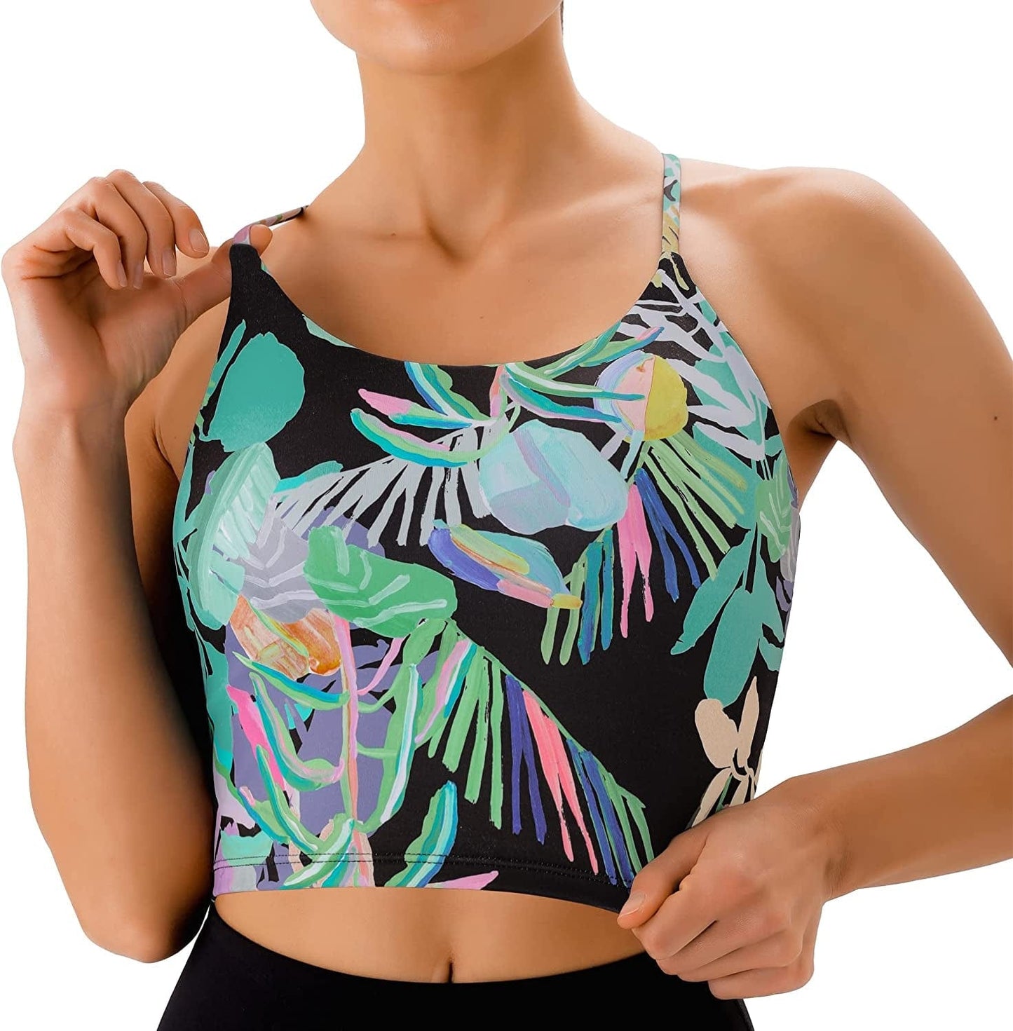 PERSIT Sports Bras Women Low Impact Removable Padded Workout Tops Longline Criss-Cross Back Crop Tank Top Rainforest Fairyland / Small