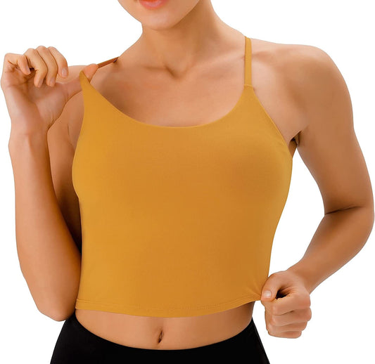 PERSIT Sports Bras Women Low Impact Removable Padded Workout Tops Longline Criss-Cross Back Crop Tank Top Marigold / Small
