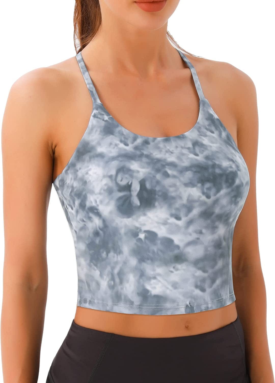 PERSIT Sports Bras Women Low Impact Removable Padded Workout Tops Longline Criss-Cross Back Crop Tank Top Marble Dye White / Medium
