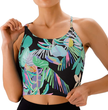 PERSIT Sports Bras Women Low Impact Removable Padded Workout Tops Longline Criss-Cross Back Crop Tank Top Rainforest Fairyland / Large