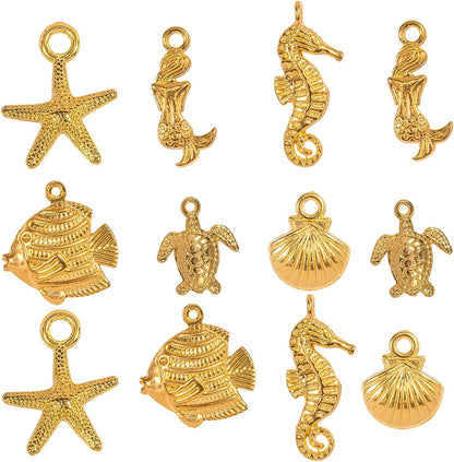 PH Pandahall 150Pcs Puppy Dog Paw Prints Charms Antique Silver Tibetan Alloy Flat Animal Cat Bear Footprint Charms Pendant Beads Charms for DIY Bracelet Necklace Jewelry Making 6 Styles Golden Ocean Animals - 120pcs