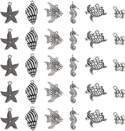 PH Pandahall 150Pcs Puppy Dog Paw Prints Charms Antique Silver Tibetan Alloy Flat Animal Cat Bear Footprint Charms Pendant Beads Charms for DIY Bracelet Necklace Jewelry Making 6 Styles Ocean Animals - 30pcs