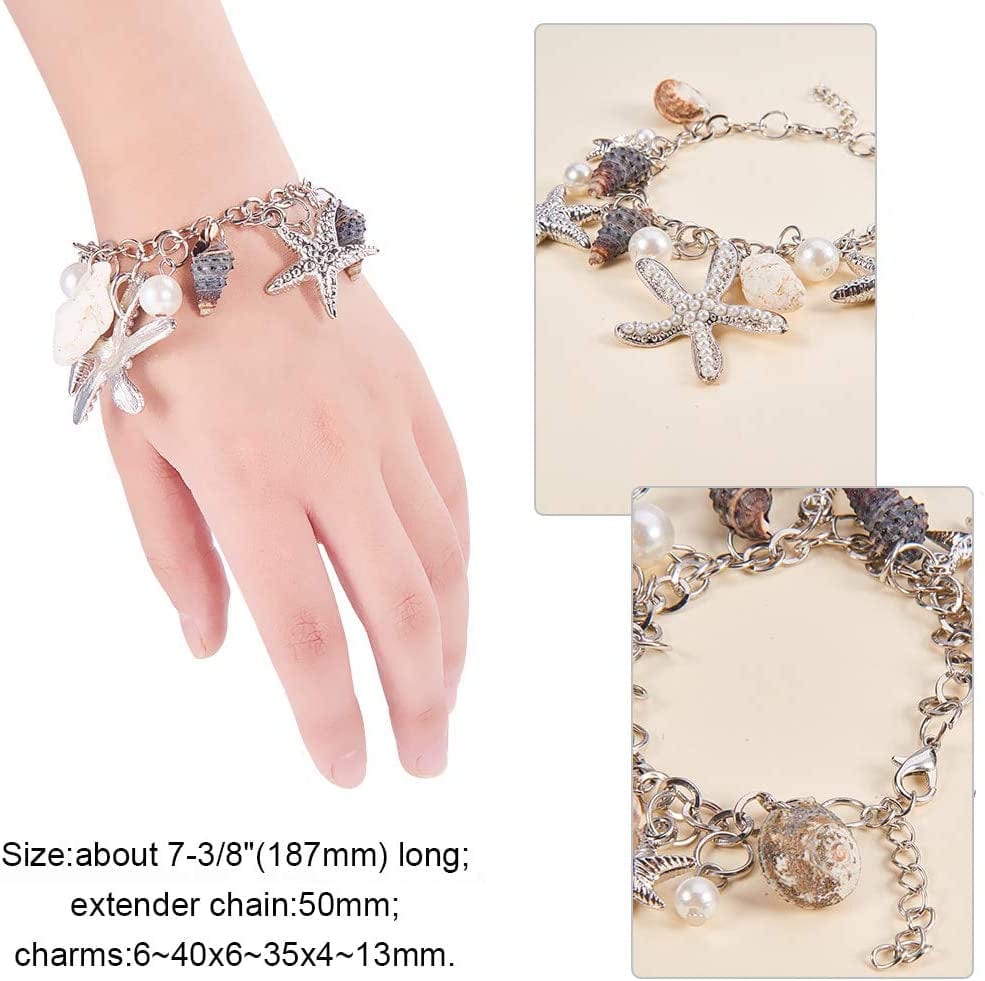 PH Pandahall 3 in 1 Fashion Sea Shell Starfish Faux Pearl Collar Bib Statement Chunky Mermaid Tail Necklace Bracelet and Earrings Mermaid Costume Jewelry for Women Set in Gift Box (Platinum)