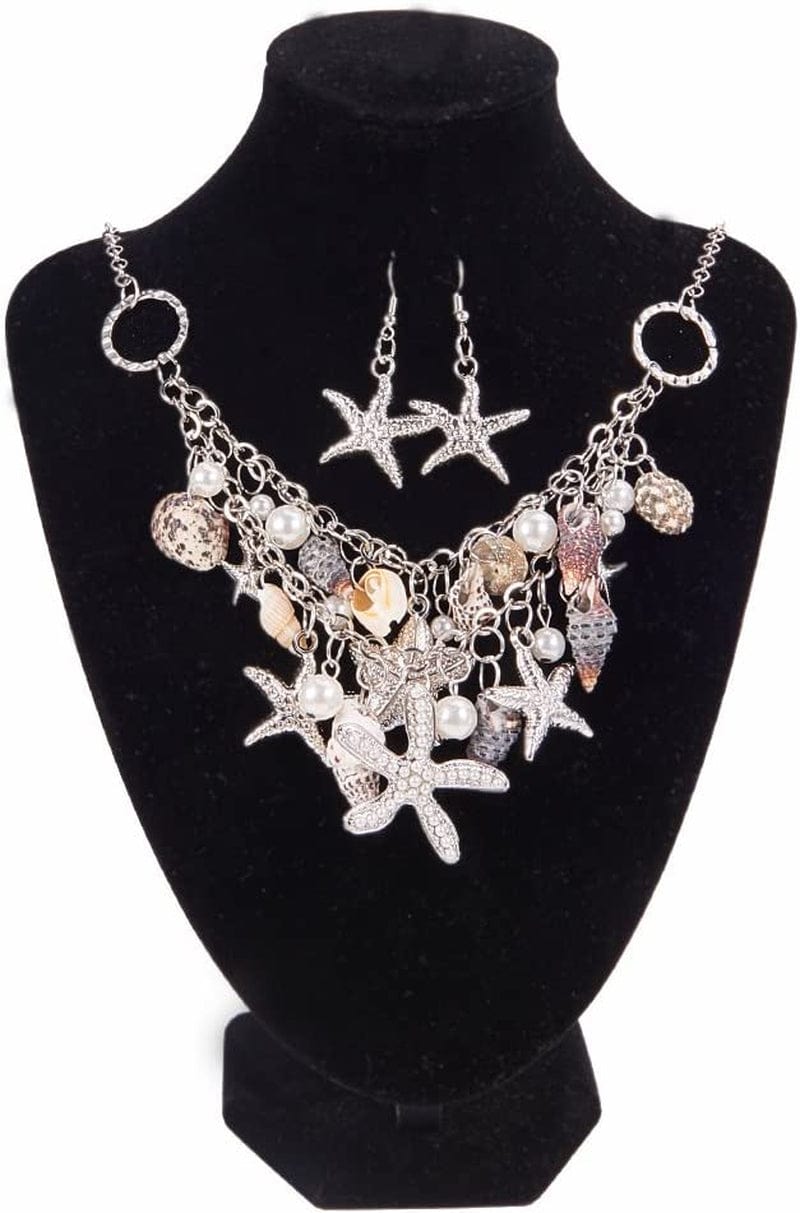 PH Pandahall 3 in 1 Fashion Sea Shell Starfish Faux Pearl Collar Bib Statement Chunky Mermaid Tail Necklace Bracelet and Earrings Mermaid Costume Jewelry for Women Set in Gift Box (Platinum)
