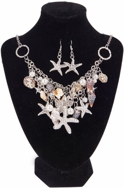 PH Pandahall 3 in 1 Fashion Sea Shell Starfish Faux Pearl Collar Bib Statement Chunky Mermaid Tail Necklace Bracelet and Earrings Mermaid Costume Jewelry for Women Set in Gift Box (Platinum)