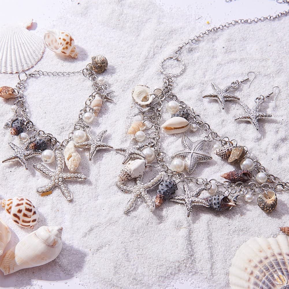 PH Pandahall 3 in 1 Fashion Sea Shell Starfish Faux Pearl Collar Bib Statement Chunky Mermaid Tail Necklace Bracelet and Earrings Mermaid Costume Jewelry for Women Set in Gift Box (Platinum)