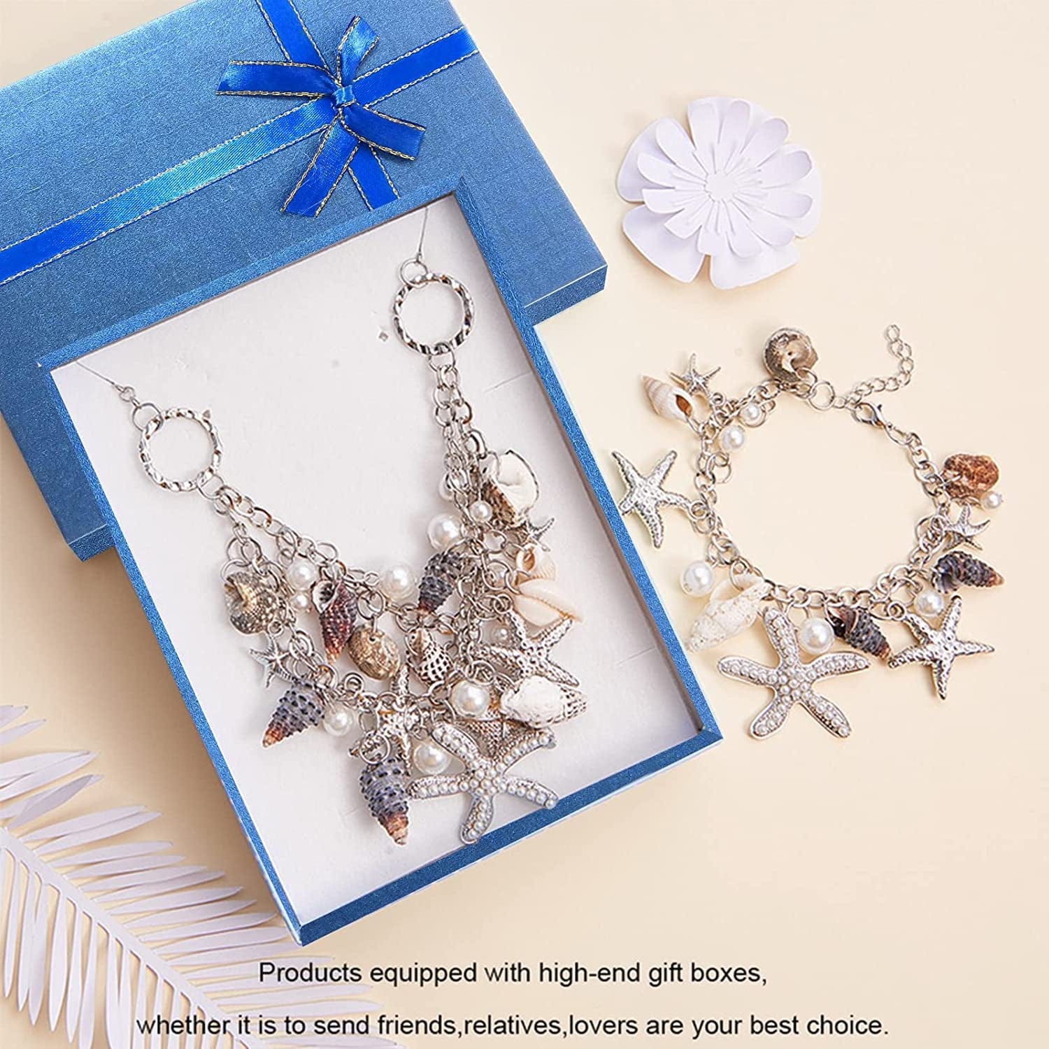 PH Pandahall 3 in 1 Fashion Sea Shell Starfish Faux Pearl Collar Bib Statement Chunky Mermaid Tail Necklace Bracelet and Earrings Mermaid Costume Jewelry for Women Set in Gift Box (Platinum)