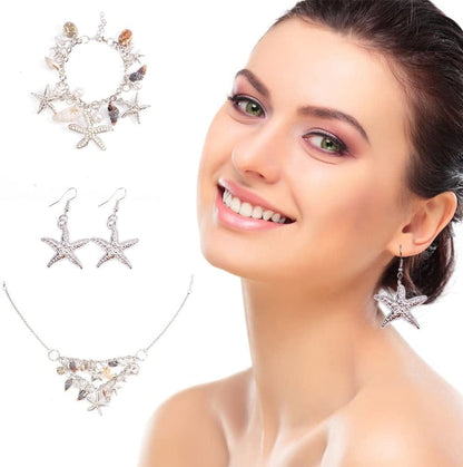 PH Pandahall 3 in 1 Fashion Sea Shell Starfish Faux Pearl Collar Bib Statement Chunky Mermaid Tail Necklace Bracelet and Earrings Mermaid Costume Jewelry for Women Set in Gift Box (Platinum)