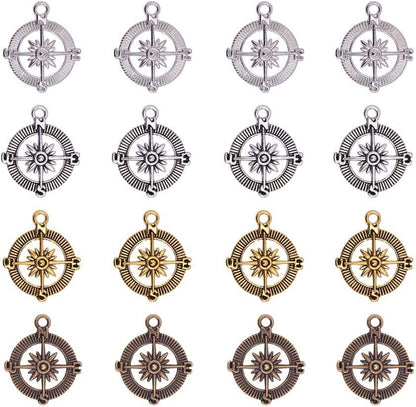 PH Pandahall 90 Pcs 6 Styles Tibetan Style Sea Turtle Shape Alloy Pendants Charm Spacer Beads for Bracelet Necklace Jewelry DIY Craft Making, Antique Silver Antique Silver-60pcs-1 / Compass