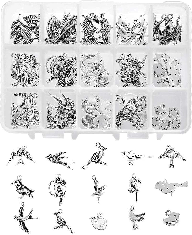 PH Pandahall 90Pcs 15 Style Ocean Fish Charms Tibetan Seashell Marine Pendants Antique Silver Animal Sea Creatures Charms Pendants for Wakiki Hawaii DIY Bracelet Necklace Keychain Jewelry Making 15 Styles Bird - 90pcs