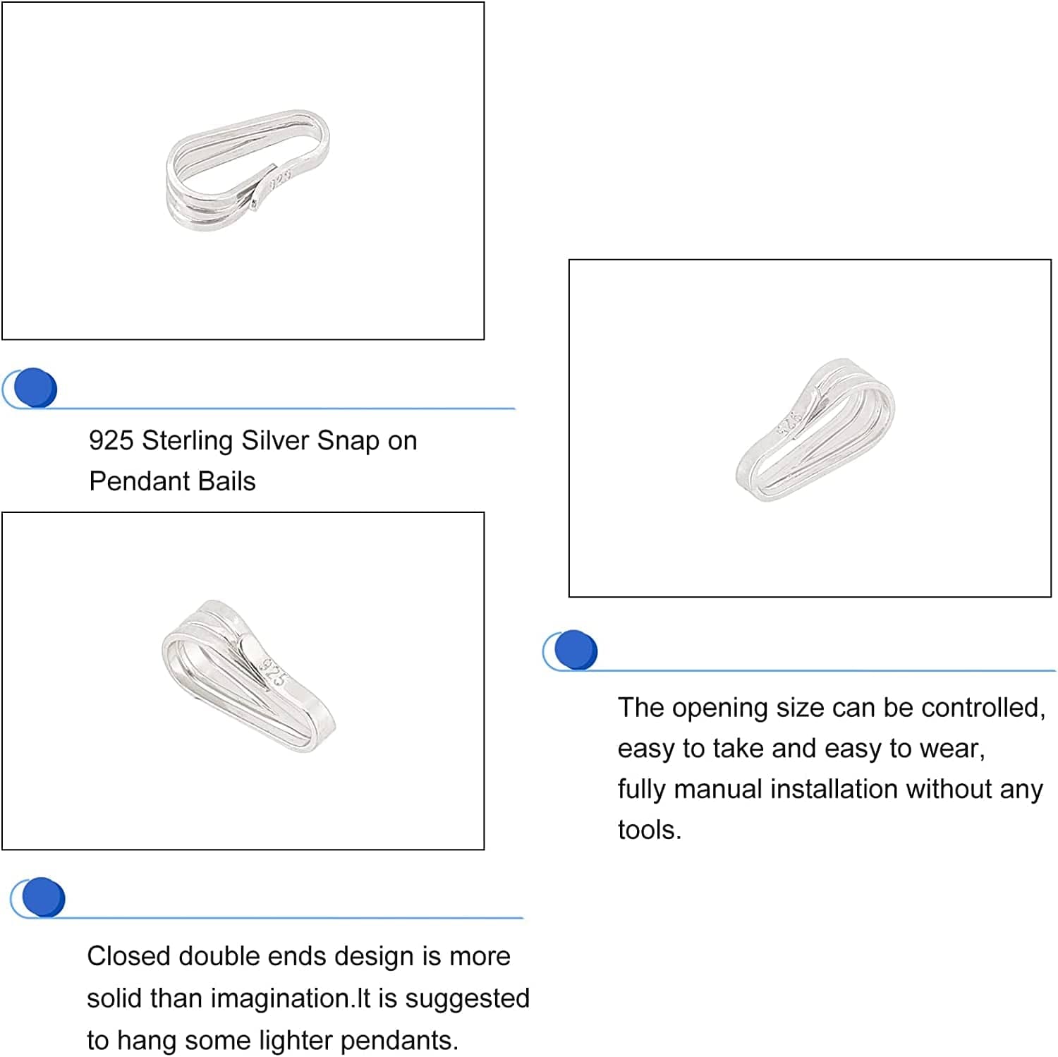 PH Pandahall Charm Holder for Necklace, 10Pcs S925 Sterling Silver Snap Bail Hook Pinch Clip Necklace Clasps Dangle Pendant Chain Connectors for Necklace Choker Jewelry DIY Craft Christmas Gift Making, Platinum Platinum-10 Pcs / 7.5x3.5x3.3mm
