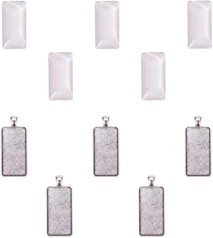PH Pandahall Pendant Trays Set - 5Pcs Antique Silver Pendant Trays Cabochon Settings Wedding Bouquet Photo Charms, 5Pcs 1.5X1.1 Inch Oval Glass Cabochon Dome Tiles for DIY Wedding Bridal Graduation Antique Silver Rectangle - 5 Sets