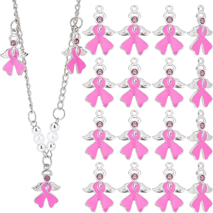 PH Pandahall Ribbon Pendants, 60 Pcs 10 Styles Colorful Alloy Ribbon Pendants Enamel Awareness Dangle Charms Beads for Earring Bracelet Necklace Jewelry Making Pink-20 Pcs / 23.5x15x2mm