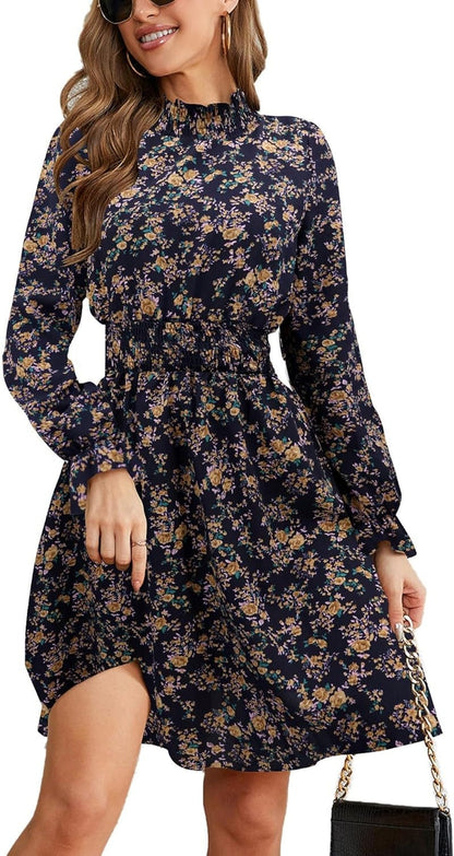 PHIXWORLD Women Long Sleeve Fall Wedding Guest Dress 2023 High Neck Flowy Smocked Dresses Dark Blue / Medium
