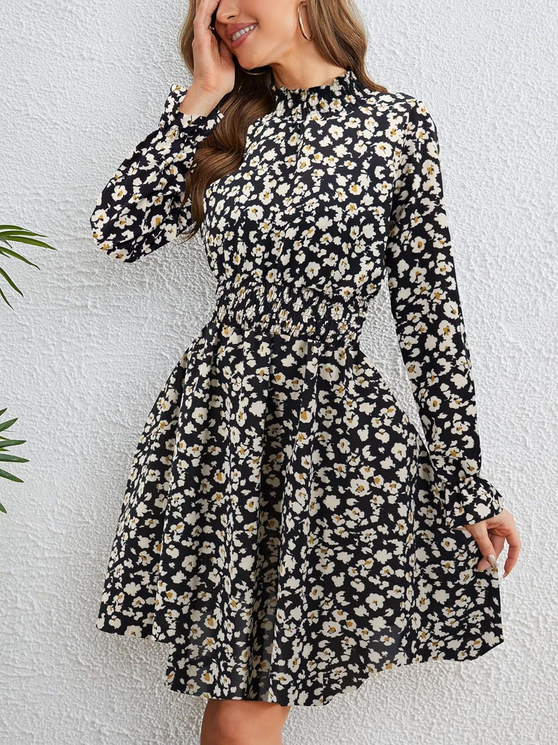 PHIXWORLD Women Long Sleeve Fall Wedding Guest Dress 2023 High Neck Flowy Smocked Dresses