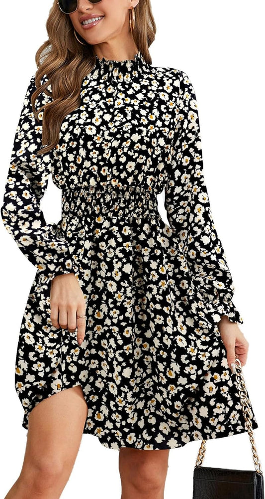 PHIXWORLD Women Long Sleeve Fall Wedding Guest Dress 2023 High Neck Flowy Smocked Dresses