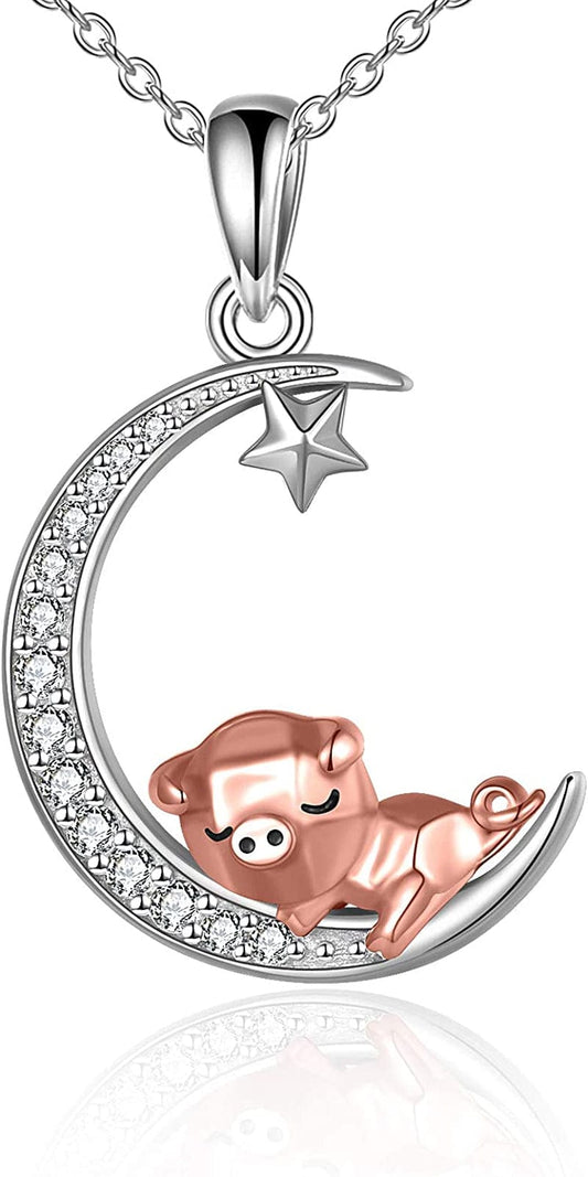 Pig Necklace S925 Sterling Silver Origami Pig Necklace for Women Moon pig