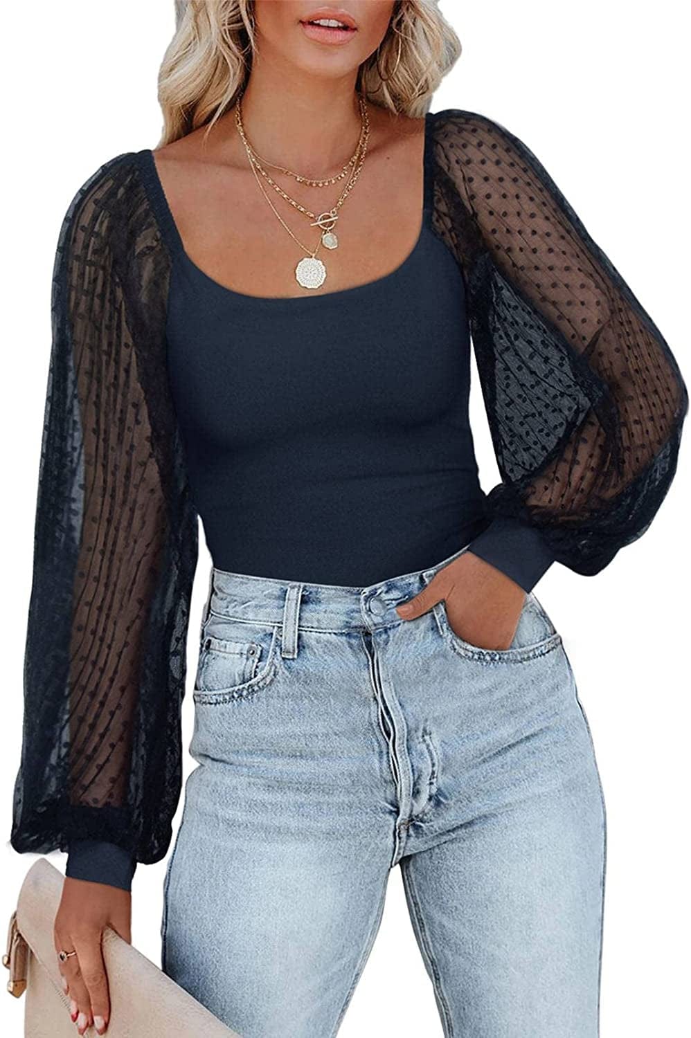 PINKMSTYLE Women'S Square Neck Long Sleeve Bodysuit Polka Dots Tops Sheer Basic Jumpsuit Party Shirts Navy Blue / Small