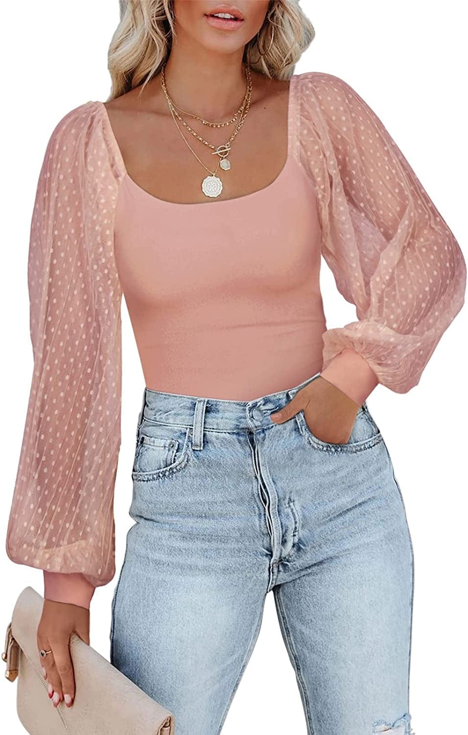 PINKMSTYLE Women'S Square Neck Long Sleeve Bodysuit Polka Dots Tops Sheer Basic Jumpsuit Party Shirts Pink / Small