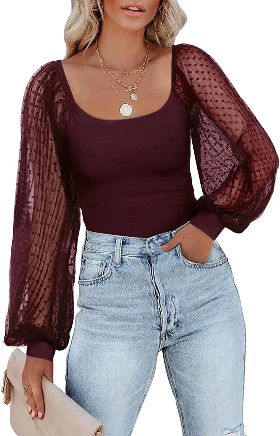 PINKMSTYLE Women'S Square Neck Long Sleeve Bodysuit Polka Dots Tops Sheer Basic Jumpsuit Party Shirts Burgundy / Small