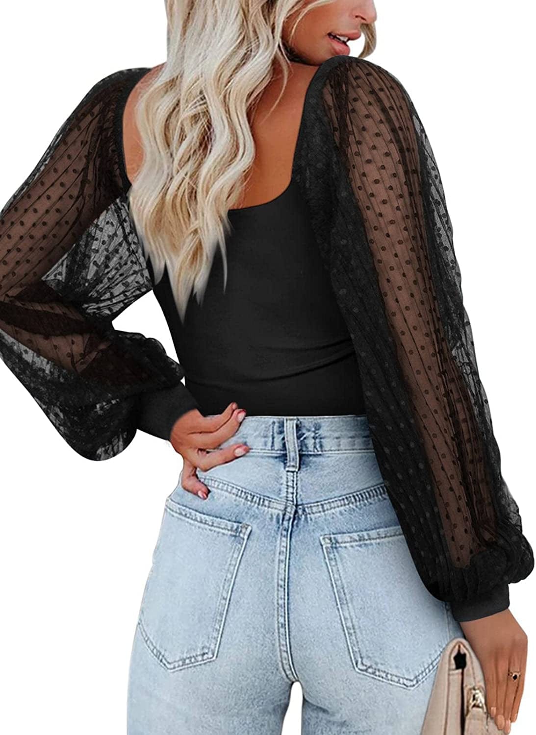 PINKMSTYLE Women'S Square Neck Long Sleeve Bodysuit Polka Dots Tops Sheer Basic Jumpsuit Party Shirts