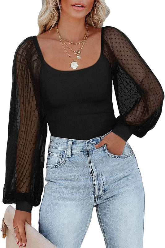 PINKMSTYLE Women'S Square Neck Long Sleeve Bodysuit Polka Dots Tops Sheer Basic Jumpsuit Party Shirts Black / Small