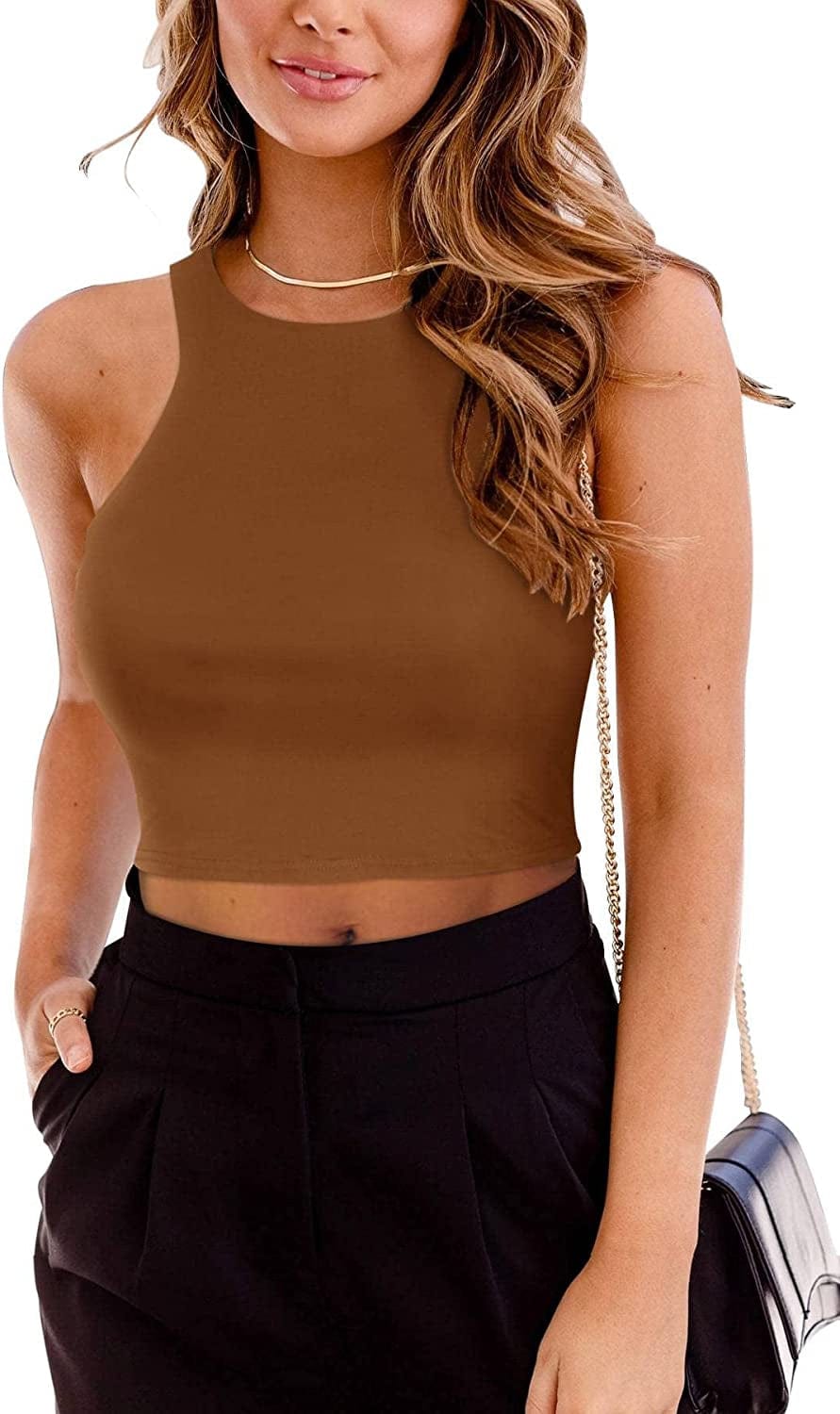 PINKMSTYLE Womens Double Lined Seamless Racerback Crop Tank Top Basic Summer Sleeveless Halter Tops Brown / Large