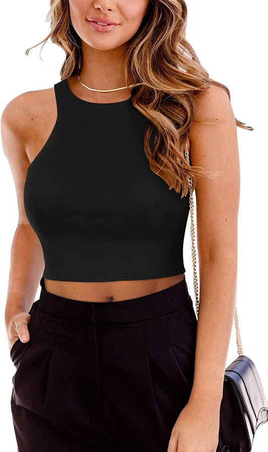 PINKMSTYLE Womens Double Lined Seamless Racerback Crop Tank Top Basic Summer Sleeveless Halter Tops Black / XX-Large
