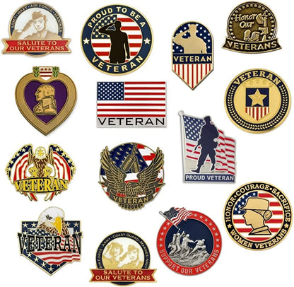 Pinmart Veteran Pin – Patriotic American Lapel or Hat Pin – Proud to Be Retired Army, Navy, Air Force or Marine Corps – Gold Plated Enamel Pin with Secure Clutch Back Set of 14 Pins / 14pc Pin Set