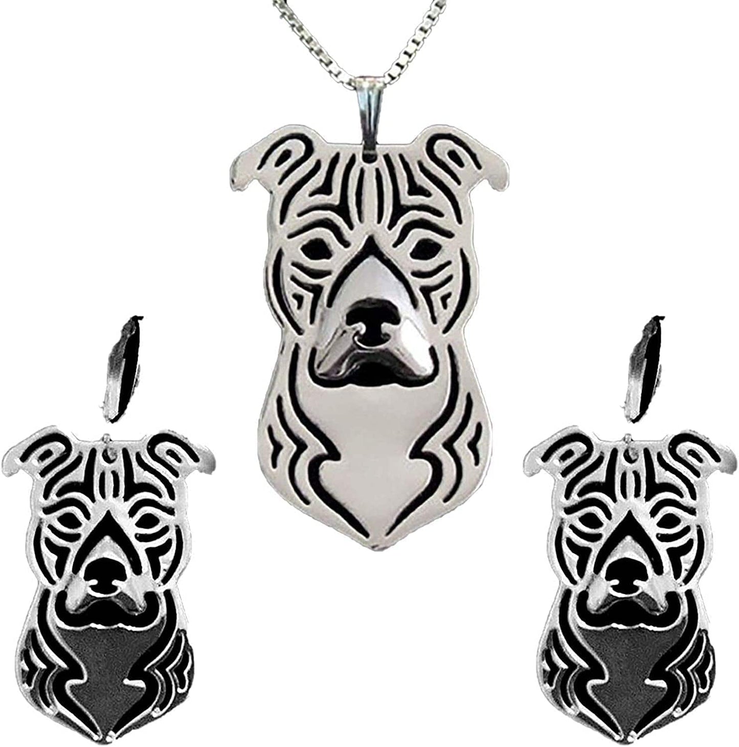 Pit Bull Dog Sterling Silver Necklace Dangle Earrings Set by Ginger Lyne Ears down Puppy Dog Pet Pendant Box Chain Doggie Animal Paw Print Heart Jewelry for Pit Mom Women Girls Teens Stafford Set