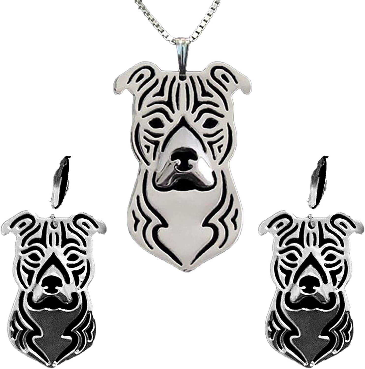 Pit Bull Dog Sterling Silver Necklace Dangle Earrings Set by Ginger Lyne Ears down Puppy Dog Pet Pendant Box Chain Doggie Animal Paw Print Heart Jewelry for Pit Mom Women Girls Teens Stafford Set