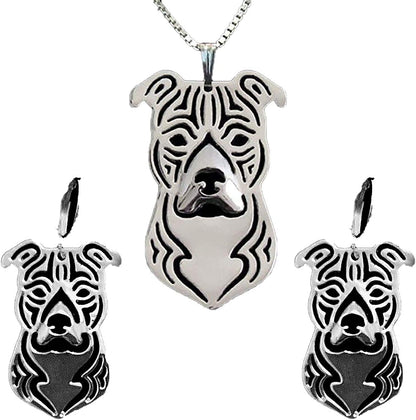 Pit Bull Dog Sterling Silver Necklace Dangle Earrings Set by Ginger Lyne Ears down Puppy Dog Pet Pendant Box Chain Doggie Animal Paw Print Heart Jewelry for Pit Mom Women Girls Teens Stafford Set