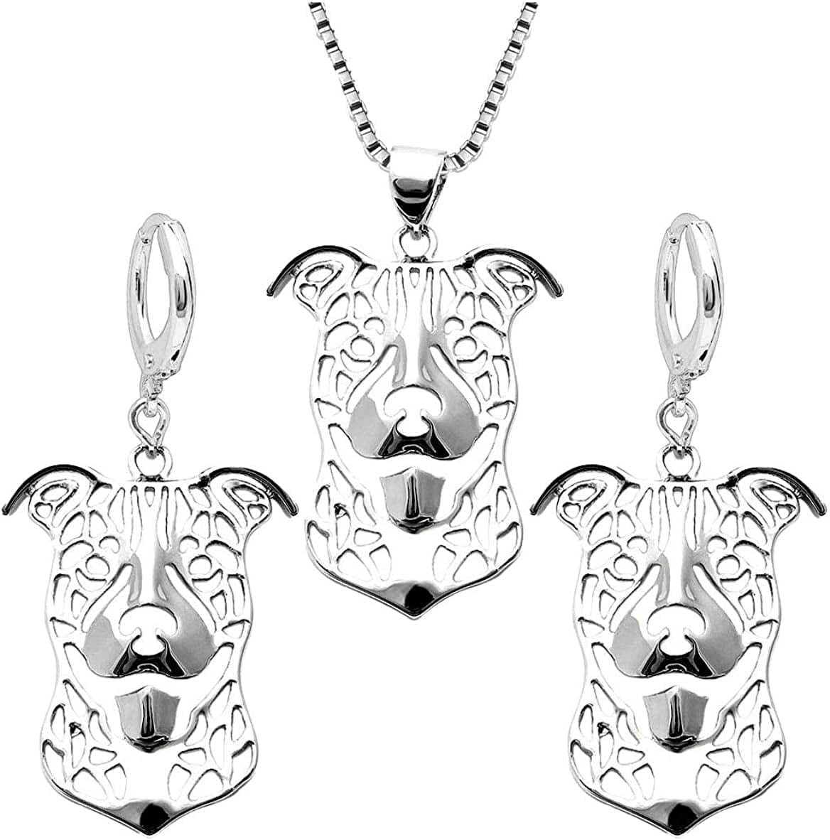 Pit Bull Dog Sterling Silver Necklace Dangle Earrings Set by Ginger Lyne Ears down Puppy Dog Pet Pendant Box Chain Doggie Animal Paw Print Heart Jewelry for Pit Mom Women Girls Teens Ears Down Dog Set