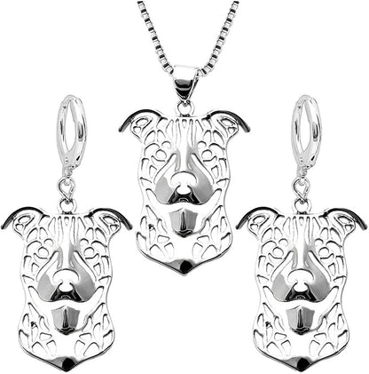 Pit Bull Dog Sterling Silver Necklace Dangle Earrings Set by Ginger Lyne Ears down Puppy Dog Pet Pendant Box Chain Doggie Animal Paw Print Heart Jewelry for Pit Mom Women Girls Teens Ears Down Dog Set