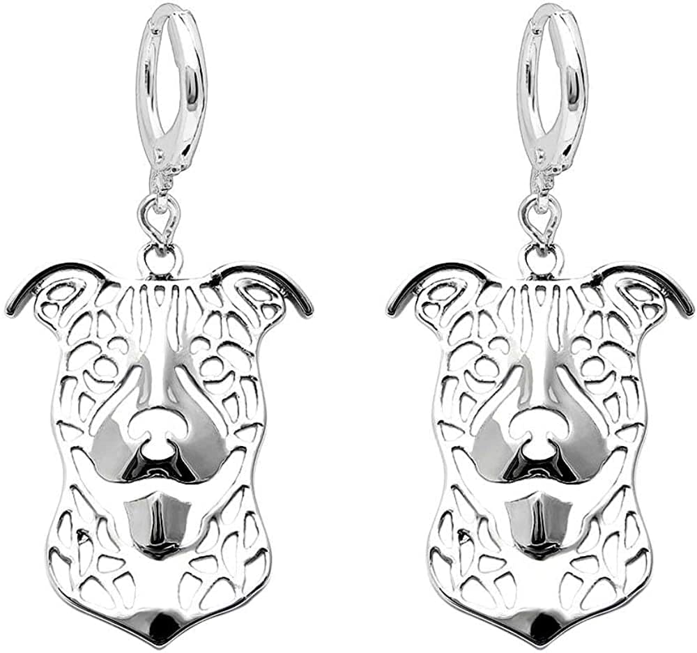 Pit Bull Dog Sterling Silver Necklace Dangle Earrings Set by Ginger Lyne Ears down Puppy Dog Pet Pendant Box Chain Doggie Animal Paw Print Heart Jewelry for Pit Mom Women Girls Teens Ears Down Earrings