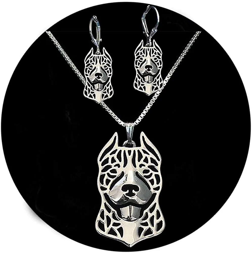 Pit Bull Dog Sterling Silver Necklace Dangle Earrings Set by Ginger Lyne Ears down Puppy Dog Pet Pendant Box Chain Doggie Animal Paw Print Heart Jewelry for Pit Mom Women Girls Teens
