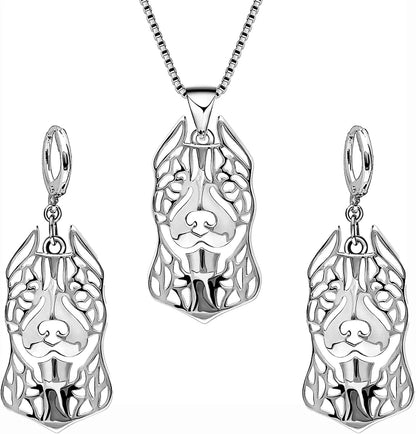Pit Bull Dog Sterling Silver Necklace Dangle Earrings Set by Ginger Lyne Ears down Puppy Dog Pet Pendant Box Chain Doggie Animal Paw Print Heart Jewelry for Pit Mom Women Girls Teens Ears Up Dog Set