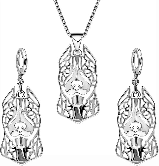 Pit Bull Dog Sterling Silver Necklace Dangle Earrings Set by Ginger Lyne Ears down Puppy Dog Pet Pendant Box Chain Doggie Animal Paw Print Heart Jewelry for Pit Mom Women Girls Teens Ears Up Dog Set