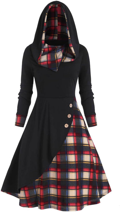 Plaid Print Splicing Dress, Women'S Plaid Print Splicing Button Decor Cable Hooded Long Sleeve Midi Dresses Black-A / Small