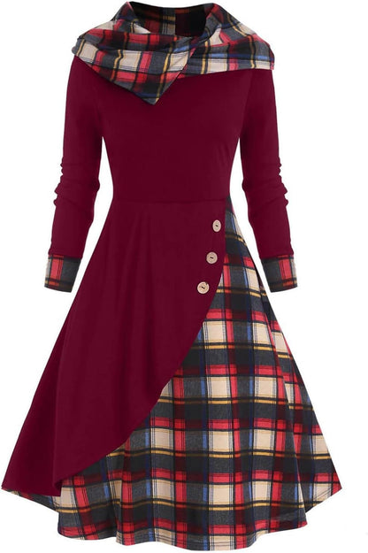Plaid Print Splicing Dress, Women'S Plaid Print Splicing Button Decor Cable Hooded Long Sleeve Midi Dresses Wine Red / Medium