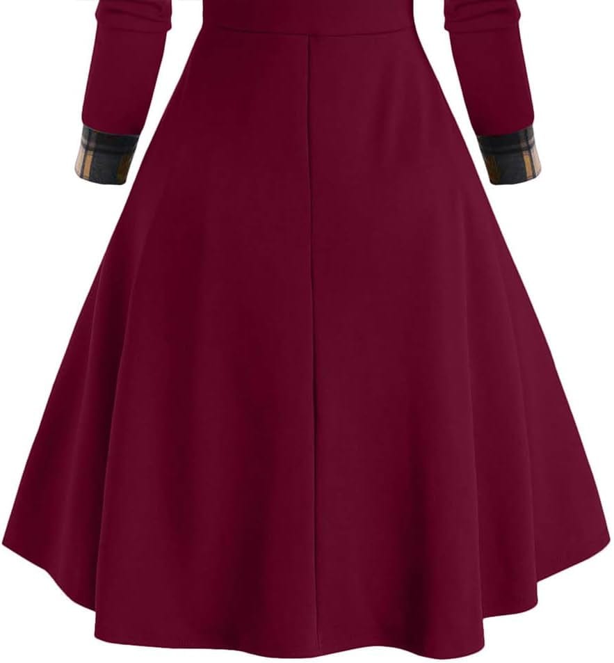 Plaid Print Splicing Dress, Women'S Plaid Print Splicing Button Decor Cable Hooded Long Sleeve Midi Dresses