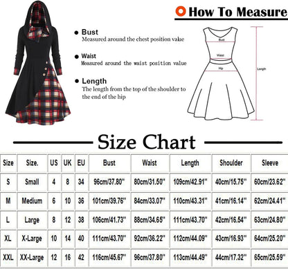 Plaid Print Splicing Dress, Women'S Plaid Print Splicing Button Decor Cable Hooded Long Sleeve Midi Dresses