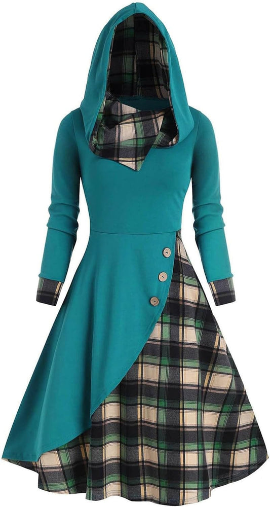 Plaid Print Splicing Dress, Women'S Plaid Print Splicing Button Decor Cable Hooded Long Sleeve Midi Dresses