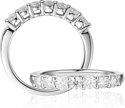 Platinum Plated Sterling Silver Excellent 7 Stones 0.70Ctw round Moissanite Wedding Band Stackable Ring for Women 7