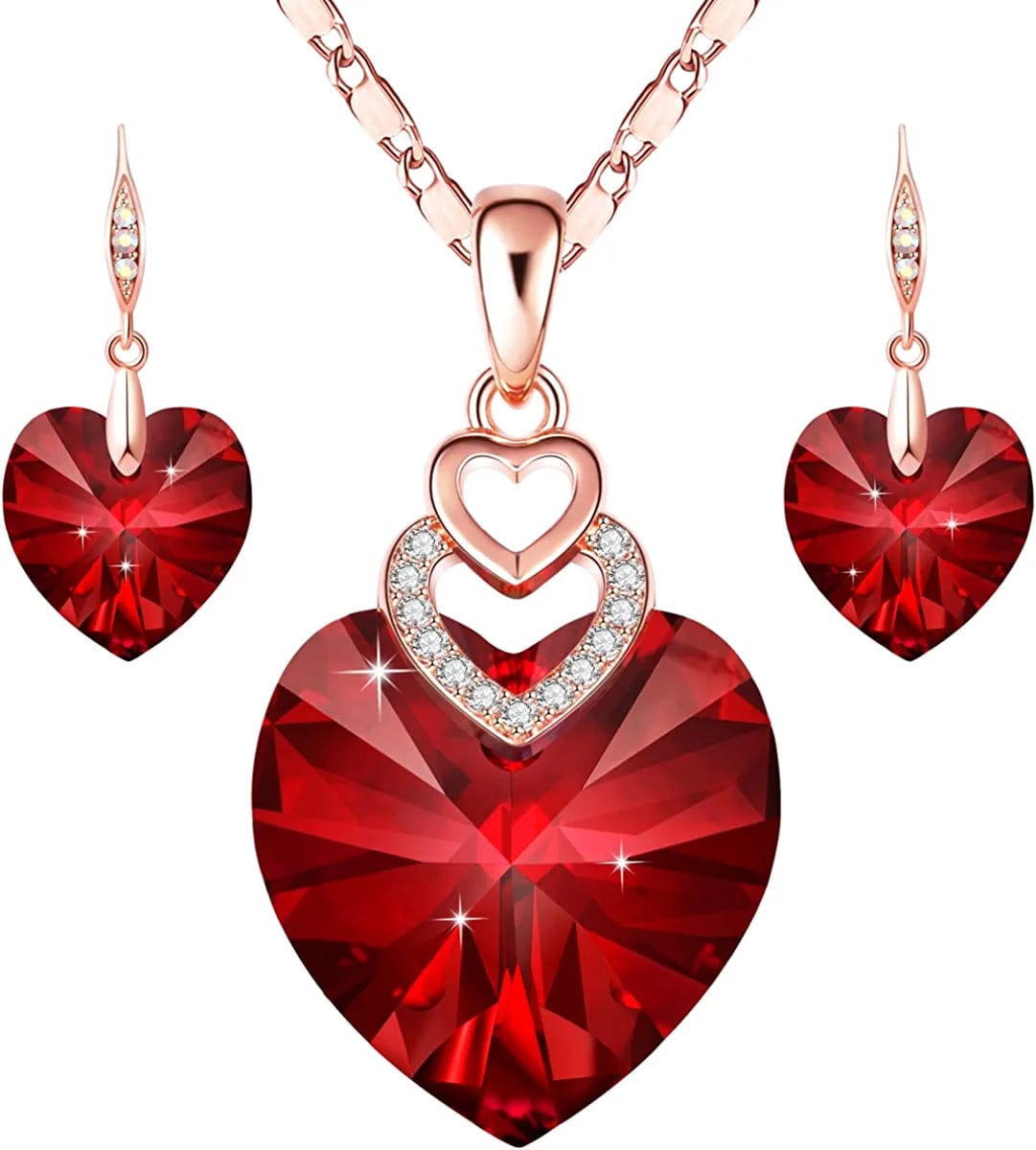 PLATO H 3 Heart Jewelry Set Crystals Valentine'S Gift for for Women Girls Pendant with Elegant Box Anniversary Mothers Day Gifts for Her G_Rose Gold Plated | Ruby