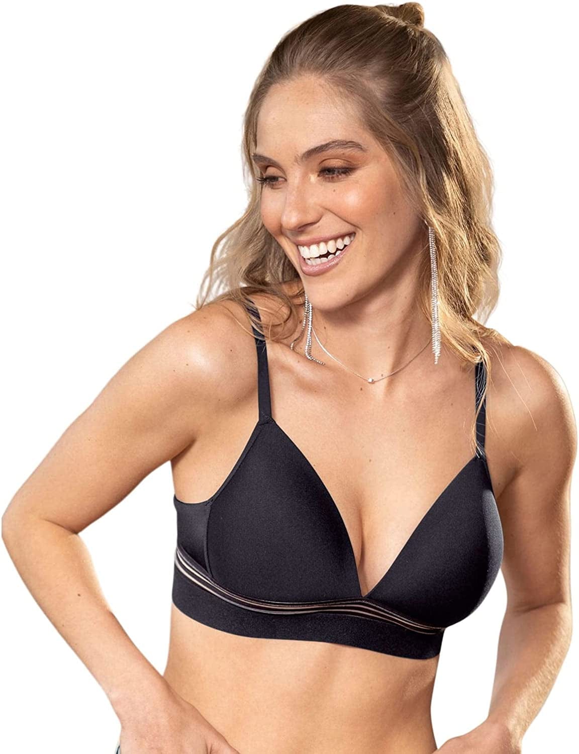 Plunge Wireless Bras for Women - Seamless No Underwire Triangle Bra Black / 34B