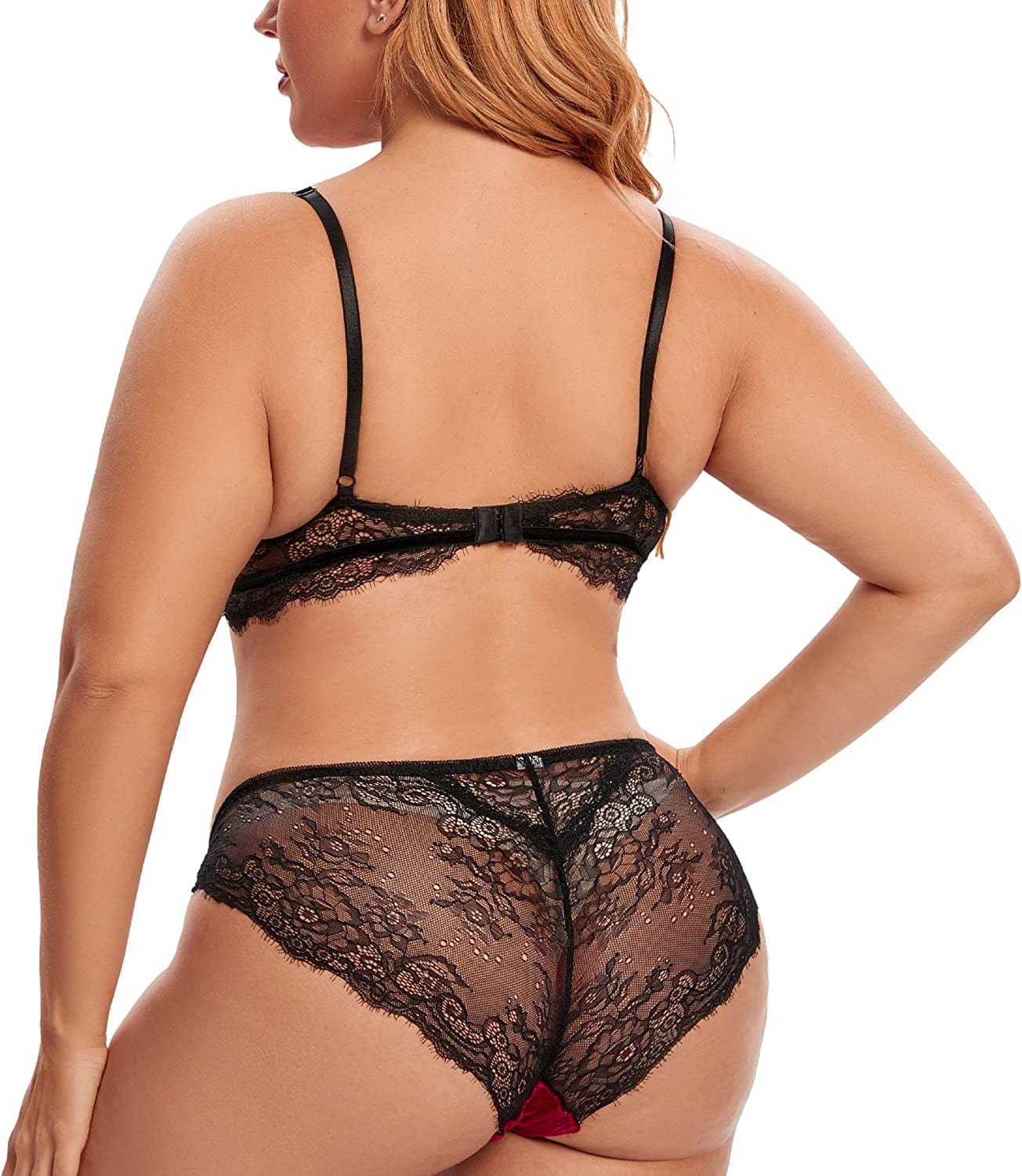 Plus Size Crushed Velvet Lingerie for Women, Sexy Contrast Lace Eyelash Trim Bra and Panty 2 Piece Set L-4XL Wine / X-Large